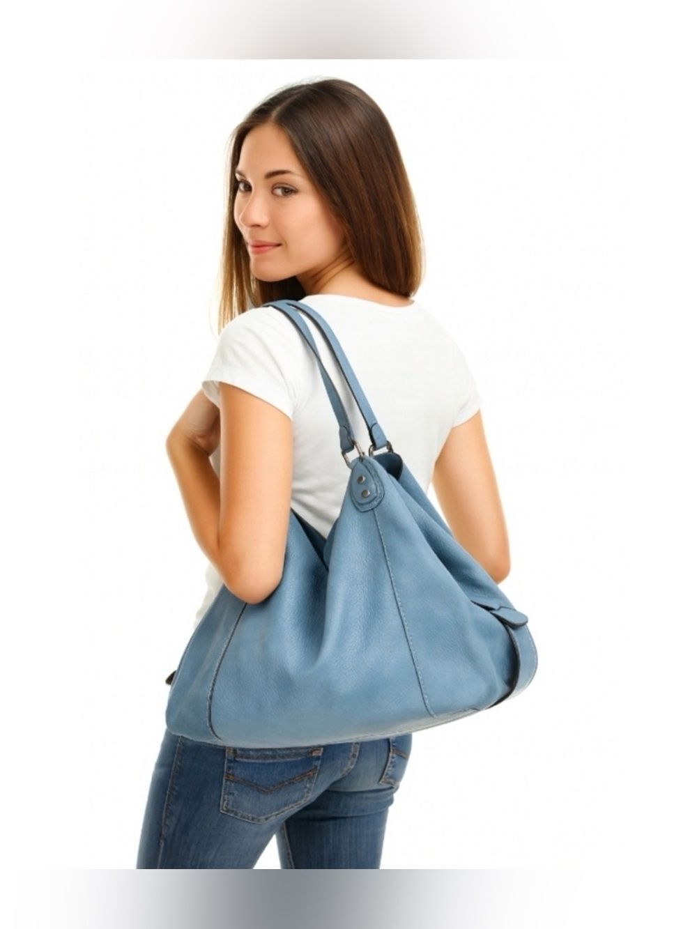 Coach Edie 42 Buffalo-Embossed Mixed Leathers Blue Large Shoulder Bag - Picture 2 of 16